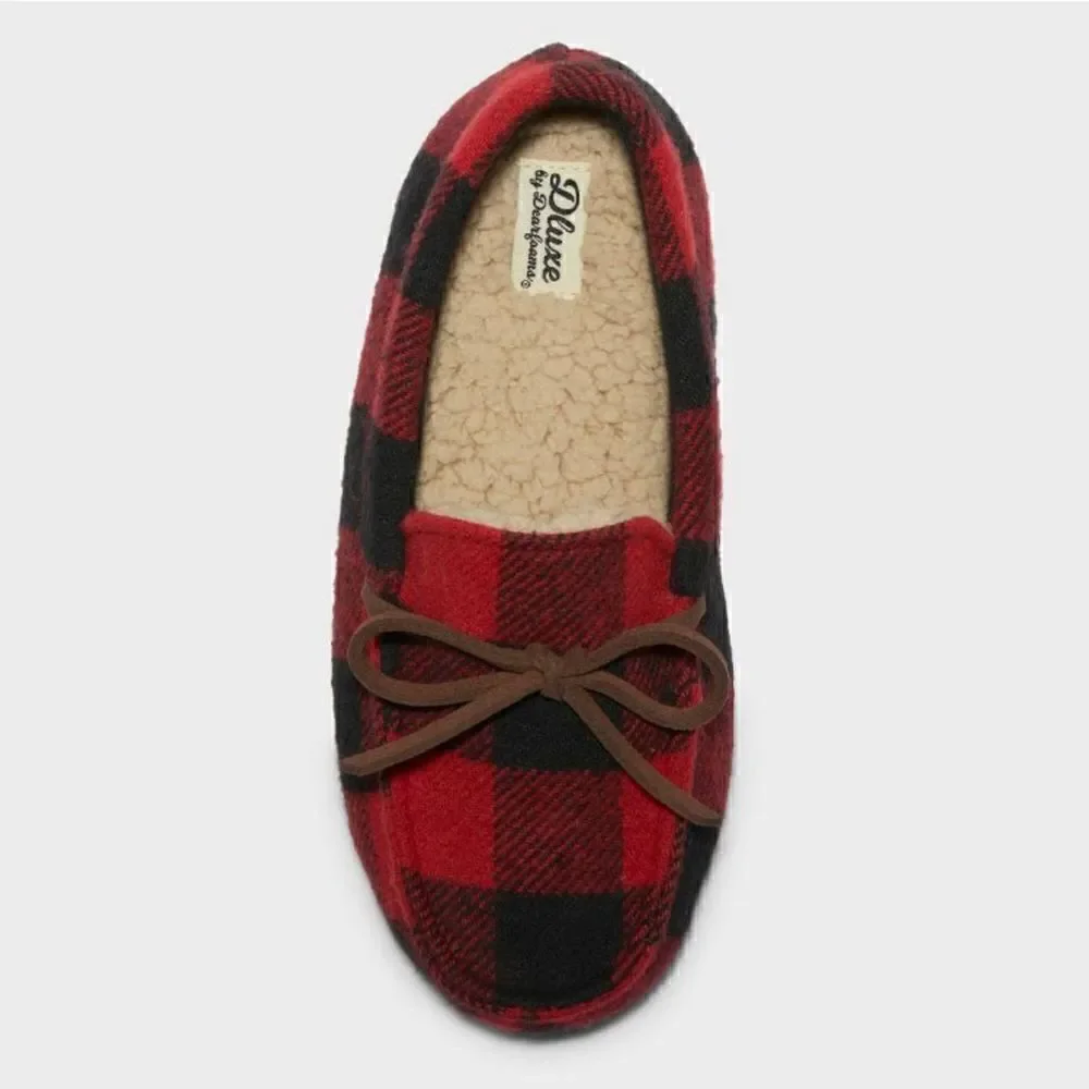 NEW! Dluxe by Dearfoams Braydon
Moccasin Kids Slippers Red Plaid - Picture 3 of 7